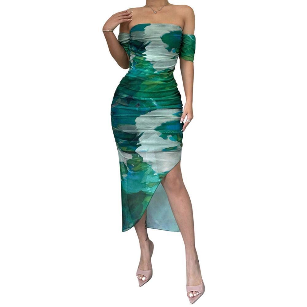 Shibori Print Off-Shoulder Bodycon Dress in Green, Size M​​​